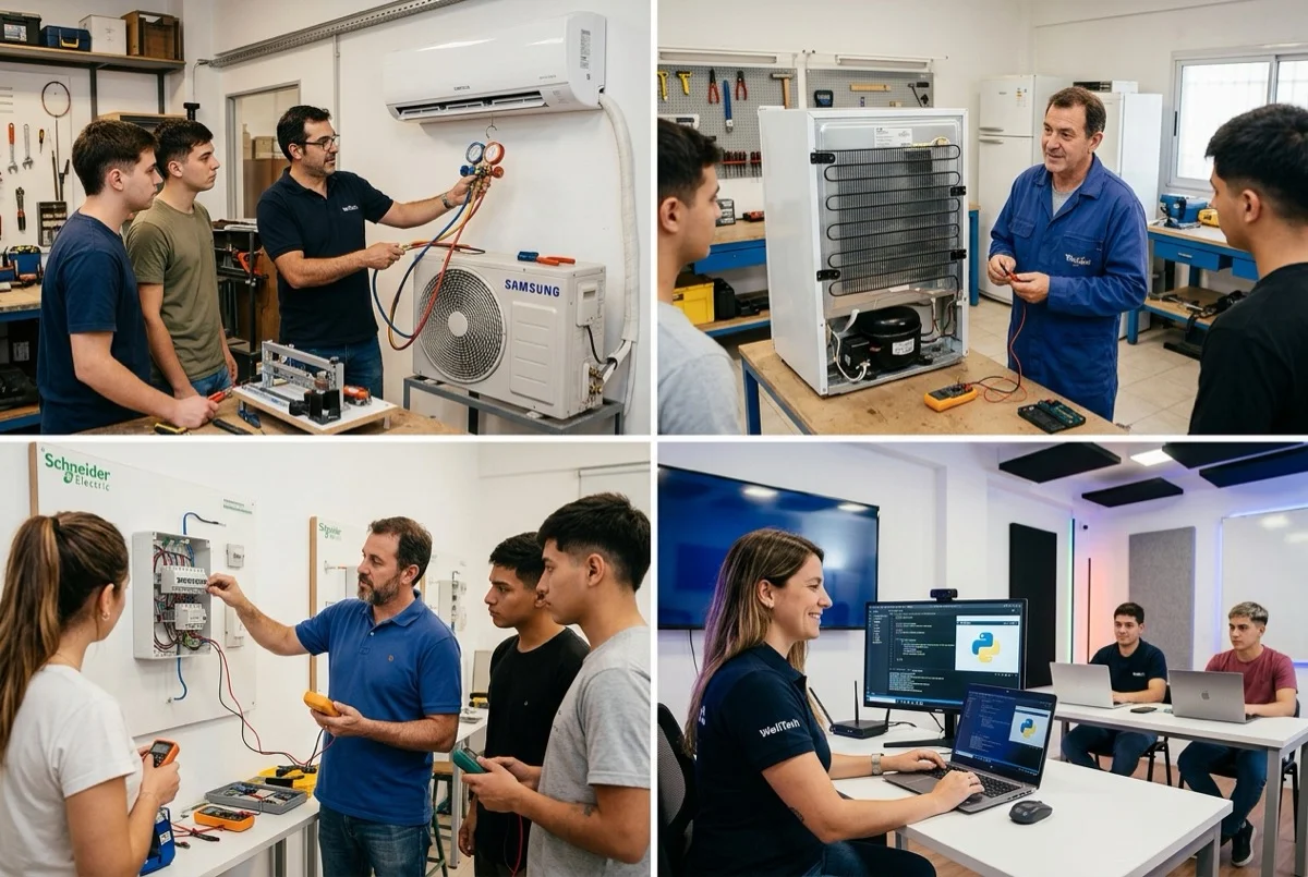 Collage de cursos de WellTech Academy: instalación de aire acondicionado split, reparación de heladeras, electricidad domiciliaria y tecnología con programación online